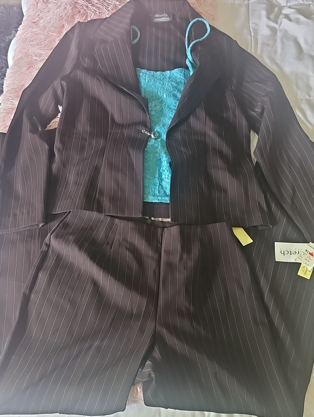 NEW Women's 3 Piece Brown W Blue Pinstripe Suit Set with Turquoise Lace Camisole